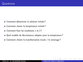 Questions
Comment déterminer la solution initiale?
Comment choisir la température initiale?
Comment xer les conditions 1 et 2?
Quel modèle de décroissance adopter pour la température?
Comment choisir la transformation locale / le voisinage?
Réalisé par : Pr. EN-NAIMANI Zakariae Théorie des Graphes et Applications
 