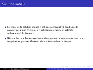 Solution initiale
Le choix de la solution initiale n'est pas primordial (à condition de
commencer à une température susamment haute et refroidir
susamment lentement).
Néanmoins, une bonne solution initiale permet de commencer avec une
température pas très élevée et donc d'économiser du temps.
Réalisé par : Pr. EN-NAIMANI Zakariae Théorie des Graphes et Applications
 