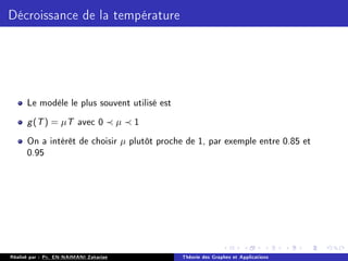 Décroissance de la température
Le modèle le plus souvent utilisé est
g(T) = µT avec 0 ≺ µ ≺ 1
On a intérêt de choisir µ plutôt proche de 1, par exemple entre 0.85 et
0.95
Réalisé par : Pr. EN-NAIMANI Zakariae Théorie des Graphes et Applications
 