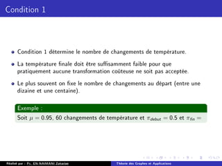 Condition 1
Condition 1 détermine le nombre de changements de température.
La température nale doit être susamment faible pour que
pratiquement aucune transformation coûteuse ne soit pas acceptée.
Le plus souvent on xe le nombre de changements au départ (entre une
dizaine et une centaine).
Exemple :
Soit µ = 0.95, 60 changements de température et πdebut = 0.5 et πfin =
Réalisé par : Pr. EN-NAIMANI Zakariae Théorie des Graphes et Applications
 