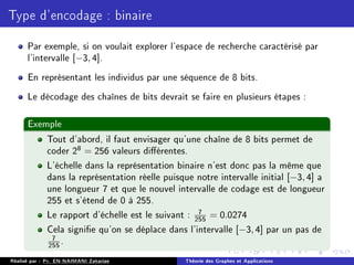 Type d'encodage : binaire
Par exemple, si on voulait explorer l'espace de recherche caractérisé par
l'intervalle [−3, 4].
En représentant les individus par une séquence de 8 bits.
Le décodage des chaînes de bits devrait se faire en plusieurs étapes :
Exemple
Tout d'abord, il faut envisager qu'une chaîne de 8 bits permet de
coder 28 = 256 valeurs diérentes.
L'échelle dans la représentation binaire n'est donc pas la même que
dans la représentation réelle puisque notre intervalle initial [−3, 4] a
une longueur 7 et que le nouvel intervalle de codage est de longueur
255 et s'étend de 0 à 255.
Le rapport d'échelle est le suivant : 7
255 = 0.0274
Cela signie qu'on se déplace dans l'intervalle [−3, 4] par un pas de
7
255 .
Réalisé par : Pr. EN-NAIMANI Zakariae Théorie des Graphes et Applications
 