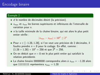 Encodage binaire
Exemple 2 :
d le nombre de décimales désiré (la précision).
xmax et xmin les bornes supérieures et inférieures de l'intervalle de
variation pour x.
n la taille minimale de la chaîne binaire, qui est alors le plus petit
entier vérie :
|xmax − xmin| × 10d
 2n
Pour x ∈ [−1.28, 1.28], si l'on veut une précision de 2 décimales, il
faudra prendre n = 8 pour le codage. En eet, comme :
(1.28 + 1.28) × 102 = 256 et que 28 = 256,
On en déduit que n = 8 est le plus petit entier qui satisfait la
relation précédente.
La chaîne binaire 00000000 correspondra alors à xmin = −1.28 alors
que 11111111 représentera xmax = 1.28
Réalisé par : Pr. EN-NAIMANI Zakariae Théorie des Graphes et Applications
 