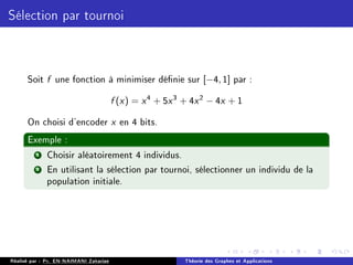 Sélection par tournoi
Soit f une fonction à minimiser dénie sur [−4, 1] par :
f (x) = x4
+ 5x3
+ 4x2
− 4x + 1
On choisi d'encoder x en 4 bits.
Exemple :
1 Choisir aléatoirement 4 individus.
2 En utilisant la sélection par tournoi, sélectionner un individu de la
population initiale.
Réalisé par : Pr. EN-NAIMANI Zakariae Théorie des Graphes et Applications
 