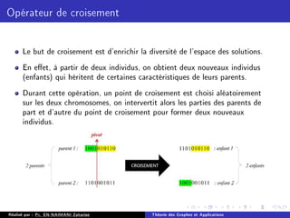 Opérateur de croisement
Le but de croisement est d'enrichir la diversité de l'espace des solutions.
En eet, à partir de deux individus, on obtient deux nouveaux individus
(enfants) qui héritent de certaines caractéristiques de leurs parents.
Durant cette opération, un point de croisement est choisi aléatoirement
sur les deux chromosomes, on intervertit alors les parties des parents de
part et d'autre du point de croisement pour former deux nouveaux
individus.
Réalisé par : Pr. EN-NAIMANI Zakariae Théorie des Graphes et Applications
 