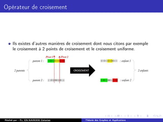 Opérateur de croisement
Ils existes d'autres manières de croisement dont nous citons par exemple
le croisement à 2 points de croisement et le croisement uniforme.
Réalisé par : Pr. EN-NAIMANI Zakariae Théorie des Graphes et Applications
 