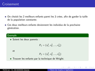 Croisement
On choisit les 2 meilleurs enfants parmi les 3 crées, an de garder la taille
de la population constante.
Ces deux meilleurs enfants deviennent les individus de la prochaine
génération.
Exemple
Soient les deux parents :
P1 = (x1
1 , x1
2 , ..., x1
m)
et
P2 = (x2
1 , x2
2 , ..., x2
m)
Trouver les enfants par la technique de Wright.
Réalisé par : Pr. EN-NAIMANI Zakariae Théorie des Graphes et Applications
 