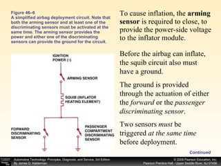 Figure 46–6 A simplified airbag deployment circuit. Note that both the arming sensor and at least one of the discriminating sensors must be activated at the same time. The arming sensor provides the power and either one of the discriminating sensors can provide the ground for the circuit. To cause inflation, the  arming sensor  is required to close, to provide the power-side voltage to the inflator module.  Continued Before the airbag can inflate, the squib circuit also must have a ground.  The ground is provided through the actuation of either the  forward  or the  passenger discriminating sensor .  Two sensors  must  be triggered  at the same time  before deployment.  