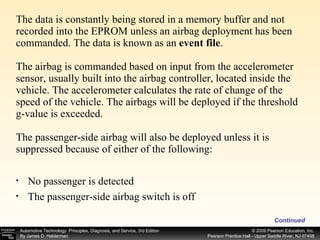 The data is constantly being stored in a memory buffer and not recorded into the EPROM unless an airbag deployment has been commanded. The data is known as an  event file . The airbag is commanded based on input from the accelerometer sensor, usually built into the airbag controller, located inside the vehicle. The accelerometer calculates the rate of change of the speed of the vehicle. The airbags will be deployed if the threshold g-value is exceeded. The passenger-side airbag will also be deployed unless it is suppressed because of either of the following: Continued No passenger is detected The passenger-side airbag switch is off 