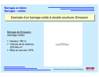 ÉC OLE POLY TEC HNIQUE
FÉDÉRALE D E LAUSANNE
Laboratoire de Constructions Hydrauliques
Barrages en béton
Barrages - voûtes
Exemple d’un barrage-voûte à double courbure: EmossonExemple d’un barrage-voûte à double courbure: Emosson
Barrage de Emosson:
(barrage-voûte)
Hauteur 180 m
Volume de la retenue:
225 Mio m3
Mise en service 1974
QuickTime™ et un
décompresseur TIFF (non compressé)
sont requis pour visionner cette image.
 