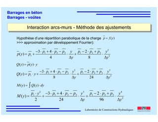 ÉC OLE POLY TEC HNIQUE
FÉDÉRALE D E LAUSANNE
Laboratoire de Constructions Hydrauliques
Barrages en béton
Barrages - voûtes
Interaction arcs-murs - Méthode des ajustementsInteraction arcs-murs - Méthode des ajustements
p(y) = p1 +
−3⋅ p1 + 4 ⋅ p2 − p3
4
⋅
y
∆y
+
p1 − 2 ⋅ p2 + p3
8
⋅
y2
∆y2
Hypothèse d’une répartition parabolique de la charge
>>> approximation par développement Fourrier):
p = f (y)
Q(y) = p1 ⋅ y +
−3⋅ p1 + 4 ⋅ p2 − p3
8
⋅
y2
∆y
+
p1 − 2 ⋅ p2 + p3
24
⋅
y3
∆y2
M(y) =
p1 ⋅ y2
2
+
−3⋅ p1 + 4 ⋅ p2 − p3
24
⋅
y3
∆y
+
p1 − 2 ⋅ p2 + p3
96
⋅
y4
∆y2
M(y) = Q(y)∫ ⋅ dy
Q(y) = p(y)⋅ y
 