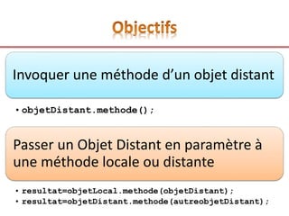 Invoquer une méthode d’un objet distant
•objetDistant.methode();
Passer un Objet Distant en paramètre à
une méthode locale ou distante
• resultat=objetLocal.methode(objetDistant);
• resultat=objetDistant.methode(autreobjetDistant);
 