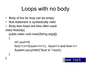 Loops with no body
• Body of the for loop can be empty
• Null statement is syntactically valid
• Body less loops are less often used.
class Nobody{
public static void main(String args[])
{
int i,sum=0;
for(i=1;i<=5;sum+=i++); //sum+=i and then i++
System.out.println(“Sum is “+sum);
}
}
 