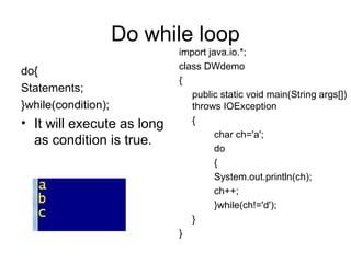 Do while loop
do{
Statements;
}while(condition);
• It will execute as long
as condition is true.
import java.io.*;
class DWdemo
{
public static void main(String args[])
throws IOException
{
char ch='a';
do
{
System.out.println(ch);
ch++;
}while(ch!='d');
}
}
 