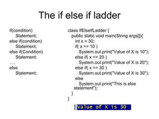 The if else if ladder
if(condition)
Statement;
else if(condition)
Statement;
else if(Condition)
Statement;
….
else
Statement;
class IfElseIfLadder {
public static void main(String args[]){
int x = 30;
if( x == 10 )
System.out.print("Value of X is 10");
else if( x == 20 )
System.out.print("Value of X is 20");
else if( x == 30 )
System.out.print("Value of X is 30");
else
System.out.print("This is else
statement");
}
}
 