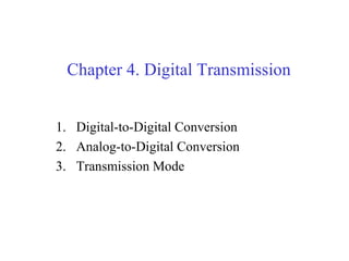 Chapter 4. Digital Transmission


1. Digital-to-Digital Conversion
2. Analog-to-Digital Conversion
3. Transmission Mode
 