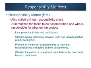 Responsibility MatricesResponsibility MatricesResponsibility MatricesResponsibility Matrices
• Responsibility Matrix (RM)
...
