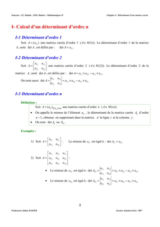 Semestre : S3, Module : M10, Matière : Mathématiques II Chapitre 4 : Déterminant d’une matrice carrée 
I- Calcul d’un déterminant d’ordre n 
Soit ( ) 11 A = a une matrice carrée d’ordre 1 (AÎM(1)) . Le déterminant d’ordre 1 de la matrice 
A une matrice carrée d’ordre 2 (AÎM(2)) . Le déterminant d’ordre 2 de la 
matrice A , noté det A, est défini par : 11 22 12 21 det A = a ´ a - a ´ a . 
a a 
11 12 det a a a a 
A = = ´ - ´ 
On note aussi 11 22 12 21 
Soit ij i j n A = (a )1£ , £ une matrice carrée d’ordre n (AÎM(n)) . 
· On appelle le mineur de l’élément ij a , le déterminant de la matrice carrée ij A d’ordre 
n -1, obtenue en supprimant dans la matrice A la ligne i et la colonne j . 
A : Le mineur de 11 a est égal à : 11 22 det A = a 
a a 
11 12 
A = = ´ - ´ 
· Le mineur de 33 a est égal à : 11 22 12 21 
a a 
11 13 
A = = ´ - ´ 
· Le mineur de 32 a est égal à : 11 23 13 21 
2 
I-1 Déterminant d’ordre 1 
A , noté det A, est défini par : 11 det A = a . 
I-2 Déterminant d’ordre 2 
 
 
= 
a a 
11 12 
a a 
Soit  
 
21 22 
a a 
21 22 
I-3 Déterminant d’ordre n 
Définition : 
· On note ij det A ou ij D . 
Exemples : 
 
 
= 
a a 
11 12 
a a 
1) Soit  
 
21 22 
2) Soit 
 
   
A : 
 
 
= 
   
 
a a a 
11 12 13 
a a a 
21 22 23 
a a a 
31 32 33 
33 det a a a a 
a a 
21 22 
32 det a a a a 
a a 
21 23 
Professeure Salma DASSER Session Automne-hiver 2007 
 