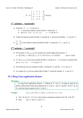 Semestre : S3, Module : M10, Matière : Mathématiques II Chapitre 4 : Déterminant d’une matrice carrée 
1 2 3 4 
0 1 2 2 
 
    
 
    
A = 
ÎM 
3) (4,4) 
- - - 
2 1 0 2 
2 0 2 0 
· A est la seule matrice carrée d’ordre 4 extraite de A 
· det 0 ( ) 2 4 3 A = car L = L - L ⇒ 1 £ rg(A)  4 
¨ Toutes les matrices carrées d’ordre 3 extraites de A sont non inversibles : 1 £ rg(A)  3 
est une matrice carrée inversible d’ordre 2 extraite de A ⇒ rg(A) = 2 
¨ On note par { } 1 2 3 4 S = u ,u ,u ,u le système de vecteurs lignes de la matrice A . 
{1,2,3,4} 1 u = , {0,1,2,2} 2 u = , { 2, 1,0, 2} 3 u = - - - et { 2,0,2,0} 4 u = - : rg(A) = rg(S) 
¨ { } 1 2 3 4 S = u ,u ,u ,u est le seul système d’ordre 4 extrait de S : S n’est pas un système libre 
(car 2 4 3 u = u - u ) ⇒1 £ rg(A)  4 
¨ On vérifie que tous les systèmes d’ordre 3 extraits de S sont liés ⇒1 £ rg(A)  3 
¨ Le système { } 1 2 u ,u est un système libre d’ordre 2 extrait du système S ⇒ rg(A) = 2 
IV-2 Rang d’une application linéaire 
Le rang d’une application linéaire f , définie de E vers G , est égal au rang de sa 
matrice relativement à deux bases données de E et de G : ( ) ( ( / , ) 1 2 rg f = rg M f B B , 1 B et 
2 B sont deux bases respectives de E et de G , 
Exemple : f (x, y, z,t) = (2x + y + 3t,3x - y + 5z + 2t,-x + y - 3z) 
¨ M( f / B ,B )=tC 1 2 , 1 B et 2 B sont les bases canoniques respectives de IR4 et de IR3 . 
¨ Donc rg( f ) = rg(tC) = rg(C) = 2 
9 
 
 
- 
1ère méthode : matricielle 
¨ Min(4,4) = 4 ⇒ 1 £ rg(A) £ 4 : 
1 2 
 
0 1 
 
¨  
 
2ème méthode :  vectorielle 
Théorème : 
Professeure Salma DASSER Session Automne-hiver 2007 
