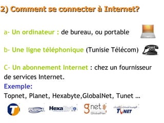 2) Comment se connecter à Internet? a- Un ordinateur : de bureau, ou portable b- Une ligne téléphonique (Tunisie Télécom) C- Un abonnement Internet : chez un fournisseur de services Internet. Exemple: Topnet, Planet, Hexabyte,GlobalNet, Tunet …