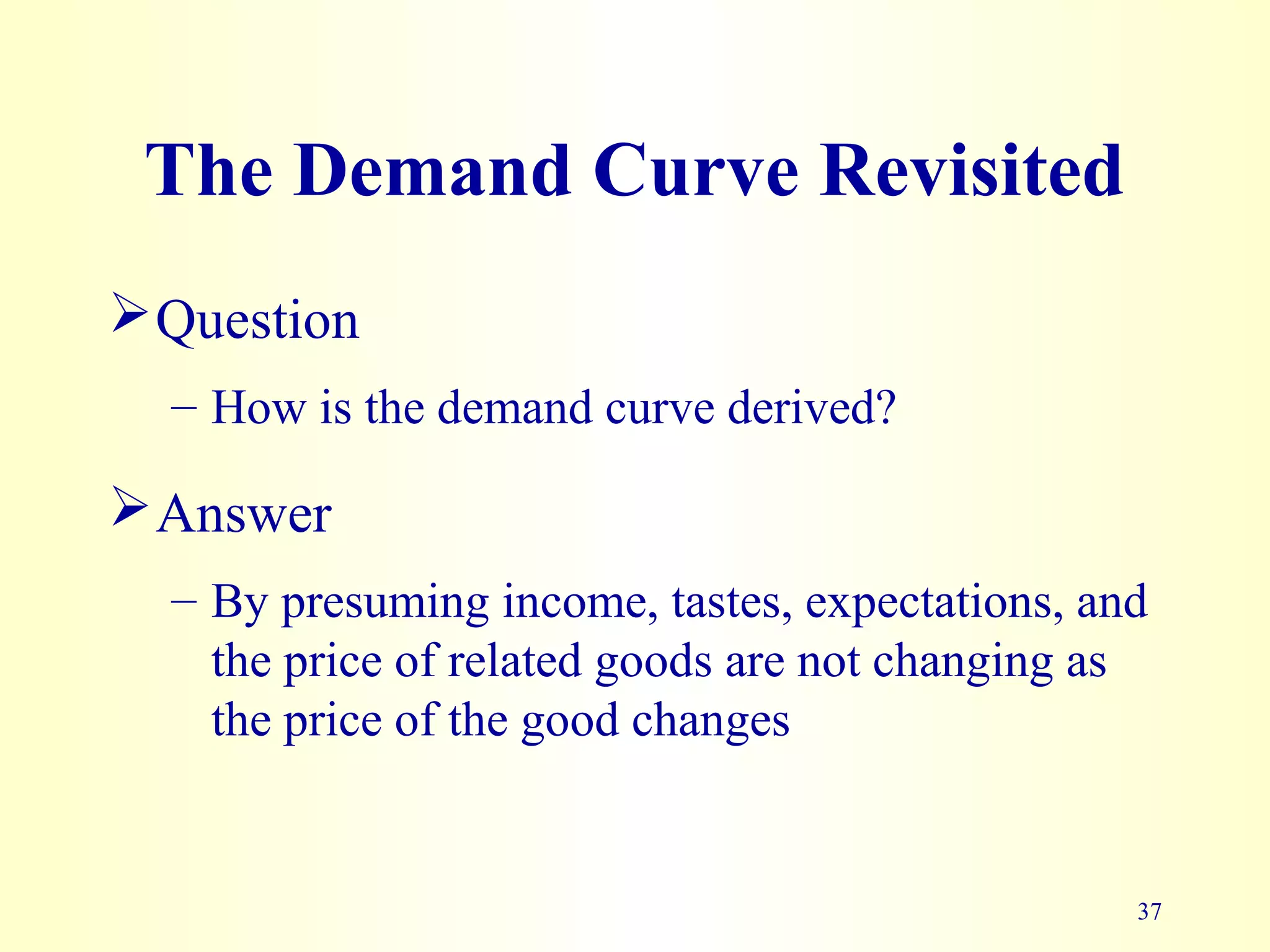 The Demand Curve Revisited
Question
– How is the demand curve derived?
Answer
– By presuming income, tastes, expectations, and
37
the price of related goods are not changing as
the price of the good changes