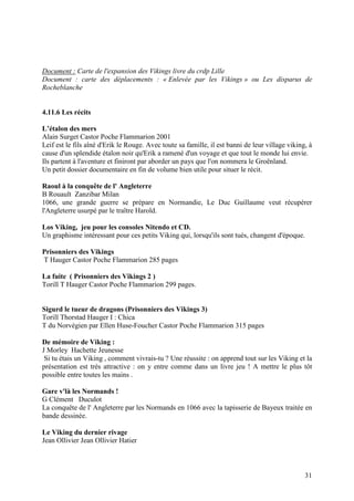 Document : Carte de l'expansion des Vikings livre du crdp Lille
Document : carte des déplacements : « Enlevée par les Vikings » ou Les disparus de
Rocheblanche


4.11.6 Les récits

L’étalon des mers
Alain Surget Castor Poche Flammarion 2001
Leif est le fils aîné d'Erik le Rouge. Avec toute sa famille, il est banni de leur village viking, à
cause d'un splendide étalon noir qu'Erik a ramené d'un voyage et que tout le monde lui envie.
Ils partent à l'aventure et finiront par aborder un pays que l'on nommera le Groënland.
Un petit dossier documentaire en fin de volume bien utile pour situer le récit.

Raoul à la conquête de l' Angleterre
B Rouault Zanzibar Milan
1066, une grande guerre se prépare en Normandie, Le Duc Guillaume veut récupérer
l'Angleterre usurpé par le traître Harold.

Los Viking, jeu pour les consoles Nitendo et CD.
Un graphisme intéressant pour ces petits Viking qui, lorsqu'ils sont tués, changent d'époque.

Prisonniers des Vikings
T Hauger Castor Poche Flammarion 285 pages

La fuite ( Prisonniers des Vikings 2 )
Torill T Hauger Castor Poche Flammarion 299 pages.


Sigurd le tueur de dragons (Prisonniers des Vikings 3)
Torill Thorstad Hauger I : Chica
T du Norvégien par Ellen Huse-Foucher Castor Poche Flammarion 315 pages

De mémoire de Viking :
J Morley Hachette Jeunesse
 Si tu étais un Viking , comment vivrais-tu ? Une réussite : on apprend tout sur les Viking et la
présentation est très attractive : on y entre comme dans un livre jeu ! A mettre le plus tôt
possible entre toutes les mains .

Gare v'là les Normands !
G Clément Duculot
La conquête de l' Angleterre par les Normands en 1066 avec la tapisserie de Bayeux traitée en
bande dessinée.

Le Viking du dernier rivage
Jean Ollivier Jean Ollivier Hatier



                                                                                                 31
 