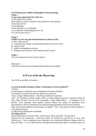 4.12.4 Projet pour établir la biographie d’un personnage.
Etape 1
Ce que nous apprennent les récits sur :
A Son identité et ses dates
Nom, prénom, surnom, filiation et lien familiaux voire amicaux
B son statut social
C Son physique
D Son caractère et ses habitudes
E Les éléments chronologiques de sa vie.
F Ce qu’on pense de lui…

Etape 2
Etablir avec les ouvrages documentaires le même travail.
A et B : même travail
C : rechercher des images le représentant (manuel et œuvres d’art).
D : même travail
E : établir sa biographie succincte.
F : Pourquoi son souvenir s’est-il transmis jusqu’à nous ?

Etape 3
Faire la comparaison entre les deux études !


Illustration
Couverture autour d’un personnage (Du Guesclin par exemple)



              4.13 Les récits du Moyen âge
Nos 30 livres préférés et résumés…


La série de bandes dessinées Jehan (Casterman) et Xan (Lombard)**
J Martin
Le personnage a changé de nom en changeant de maison d’édition.
Une époque, la Guerre de Cent ans, décrite avec précision
Texte : Jacques Martin Dessin : Jean Pleyers Editions Casterman
1431 : En cherchant à libérer Jeanne d'Arc, un jeune tailleur de pierres, rencontre Gilles de
Rais. Jhen, devient l'ami du riche connétable ( l'ogre Barbe-Bleue... ), compagnon de la
pucelle. Cette rencontre d'une grande richesse permet aux auteurs de promener leurs
personnages au fil des événements d'une période particulièrement riche de notre histoire.
Dans une première édition ce personnage s'est appelé " Xan " mais pour des raisons légales, il
a du changer de nom.
Un Moyen âge flamboyant et attachant.
45-Château-forts*
David Macaulmay Ecole des loisirs : petit format ; Deux coqs d'Or : Grand format
L'histoire de la construction , pierre par pierre du château de Lord Kevin et de la ville
d'Aberwyver : lieux imaginaires mais reprenant avec exactitude différents châteaux bâtis au
Pays de Galles : c' est un chef d'oeuvre à proposer prioritairement dans un contrat lecture sur


                                                                                            34
 