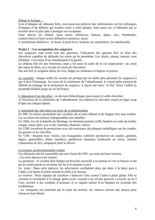 Elargir le lexique…
Lors d’attaques de châteaux forts, nous pouvons prélever des informations sur les techniques
d’attaque et de défense qui avaient cours à cette époque, mais aussi sur ce bâtiment qui se
révélait alors le plus apte à protéger ses occupants.
Faire relever les soldats, leurs armes offensives, (lances, épées, arcs, bombardes,
couleuvrines) et leurs armes défensives (armures, écus).
L’architecture défensive : le fossé, le pont-levis, la herse, les meurtrières, les mâchicoulis.

Projet 2 : Les occupations des seigneurs
Les seigneurs sont avant tout des guerriers, l’éducation des garçons doit en faire des
chevaliers capables de défendre les terres qu’ils possèdent. Les loisirs, chasse, tournoi, sont
d'ailleurs l’occasion d’un entraînement à la guerre.
Le château fort est une forteresse, mais c’est aussi le cadre de la vie seigneuriale : au cours
des repas de fêtes, on y écoute les récits de chevalerie.
Sur son fief, le seigneur édicte les lois, frappe les monnaies et impose sa justice.

La vassalité : chaque noble (le vassal) est protégé par un noble plus puissant (le seigneur) à
qui il doit l’hommage. Au cours de la cérémonie de l’adoubement, le vassal prête serment de
fidélité en échange de la protection du seigneur, il reçoit une terre : le fief. Ainsi s’édifie la
pyramide féodale jusqu’au roi de France.

L’éducation d’un chevalier : on devient d'abord page, puis écuyer et enfin chevalier.
A l'occasion de la cérémonie de l’adoubement (la coléeun) le chevalier reçoit un léger coup
d’épée sur chaque épaule.

L’armement des chevaliers ne cesse de se perfectionner
En 800, les étriers permettent aux cavaliers de se tenir debout et de frapper fort sans tomber.
Les cavaliers deviennent indispensables aux batailles.
En 1066, lors de la bataille de Hastings, les hommes portent coiffe, haubert ou cotte de maille,
casque, nasal, épée, écu ovale, fourreau, chausses, étriers.
En 1200, invention de protections avec des morceaux des plaques métalliques sur les coudes,
les genoux et les chevilles.
En 1346 : heaume avec visière, écu triangulaire, cubitière (protection du coude), gantelet,
dague, genouillère, plates (jambes), gambisson (manteau rembourré en tissu), solerets
(chaussures en fer), carapaçon pour le cheval.

Le tournoi, un divertissement violent
Ces éléments ont été rassemblés par une classe de CM1, au cours de leurs lectures.
- Les trois épreuves du tournoi :
La quintaine : le cavalier doit frapper un bouclier accroché à un poteau et vite se baisser avant
qu’un contre-poids ne revienne sur lui et le projette à terre
La joute : Dans cette épreuve, les adversaires combattent deux par deux à la lance puis à
l’épée, à la hache d’armes ensuite et enfin à la massue.
Le tournoi : Deux équipes de cavaliers s’élancent l’une contre l’autre à plein galop. Elle se
croisent et reviennent à la charge après avoir « tourné » les invités peuvent s’exercer au tir à
l’arc, assister à des combats d’animaux et se régaler autour d’un banquet en écoutant des
troubadours.
- Le vainqueur est couronné par la reine du tournoi, les vaincus versent une rançon pour
retrouver leur liberté.



                                                                                                8
 