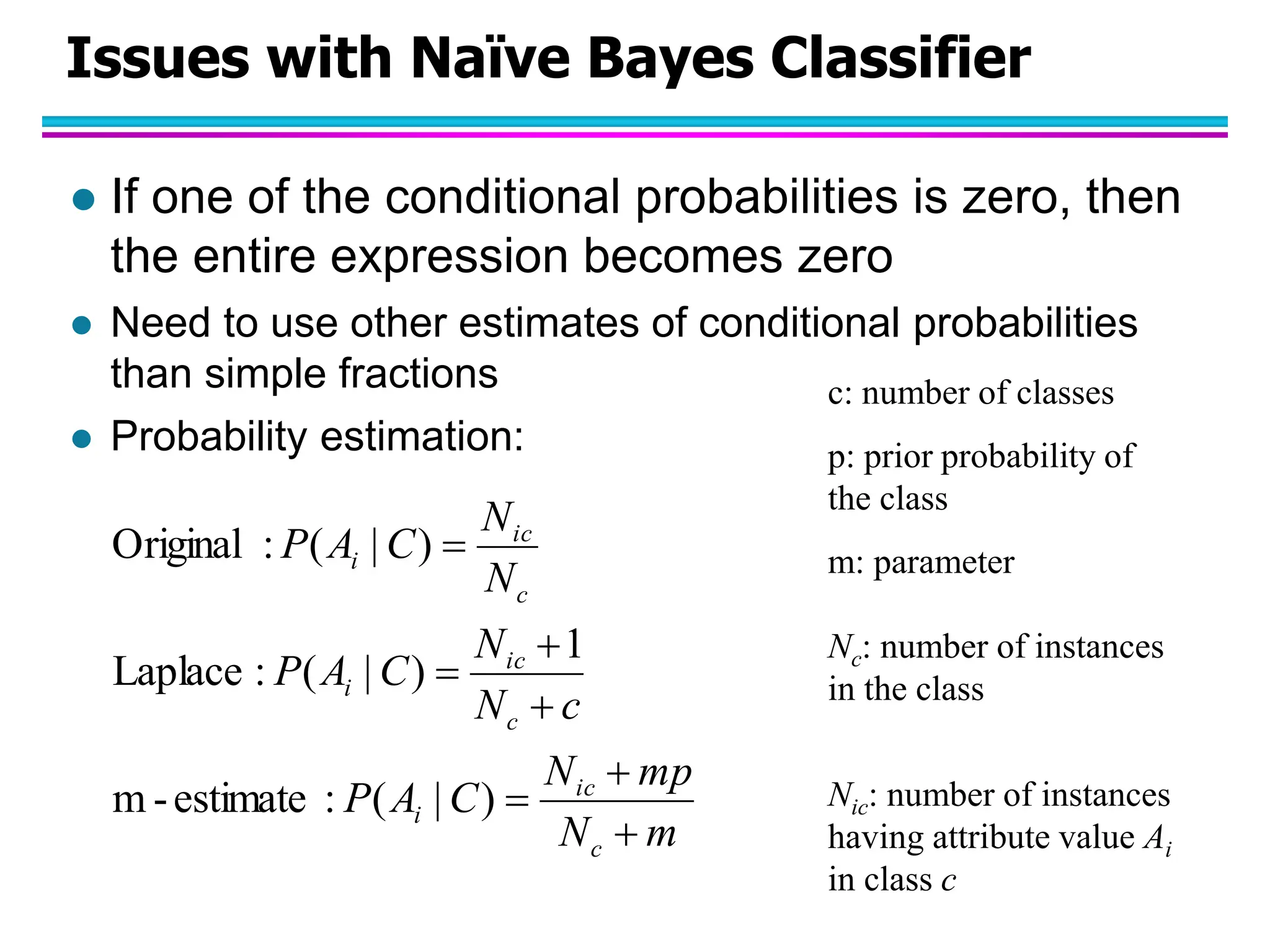 Issues with Naïve Bayes Classifier  If one of the conditional probabilities is zero, then the entire expression becomes zero  Need to use other estimates of conditional probabilities than simple fractions  Probability estimation: m N mp N C A P c N N C A P N N C A P c ic i c ic i c ic i        ) | ( : estimate - m 1 ) | ( : Laplace ) | ( : Original c: number of classes p: prior probability of the class m: parameter Nc: number of instances in the class Nic: number of instances having attribute value Ai in class c 