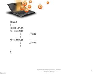 Monica Deshmane(Haribhai V. Desai
College,Pune)
10
Class A
{
Public $a=10;
Function f1()
{ //code
}
Function f2()
{ //code
}
}
 