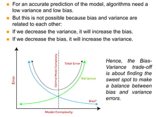  For an accurate prediction of the model, algorithms need a
low variance and low bias.
 But this is not possible because bias and variance are
related to each other:
 If we decrease the variance, it will increase the bias.
 If we decrease the bias, it will increase the variance.
Hence, the Bias-
Variance trade-off
is about finding the
sweet spot to make
a balance between
bias and variance
errors.
 