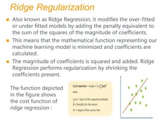 Ridge Regularization
 Also known as Ridge Regression, it modifies the over-fitted
or under fitted models by adding the penalty equivalent to
the sum of the squares of the magnitude of coefficients.
 This means that the mathematical function representing our
machine learning model is minimized and coefficients are
calculated.
 The magnitude of coefficients is squared and added. Ridge
Regression performs regularization by shrinking the
coefficients present.
The function depicted
in the figure shows
the cost function of
ridge regression :
 