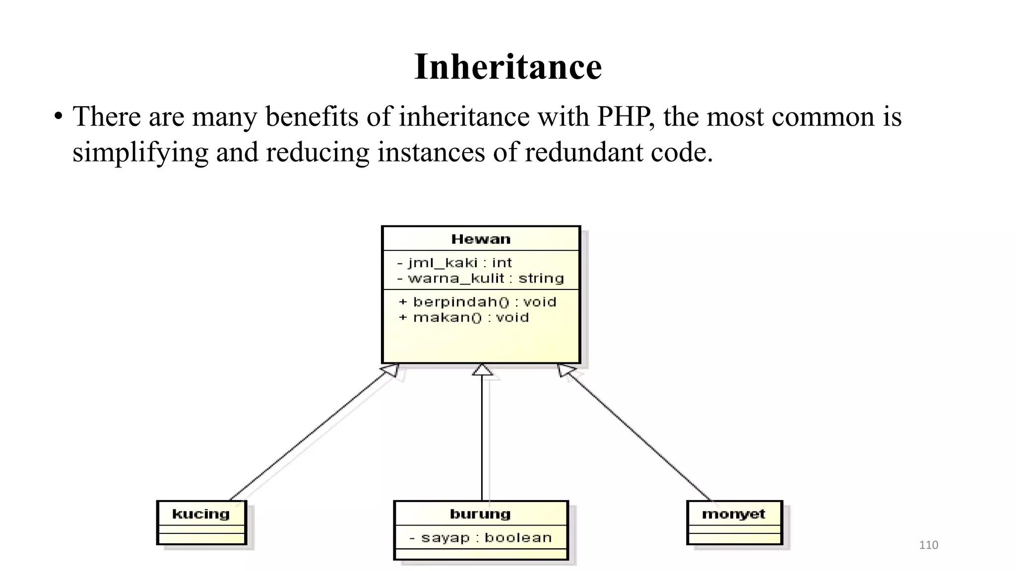Inheritance
• There are many benefits of inheritance with PHP, the most common is
simplifying and reducing instances of redundant code.
110
 
