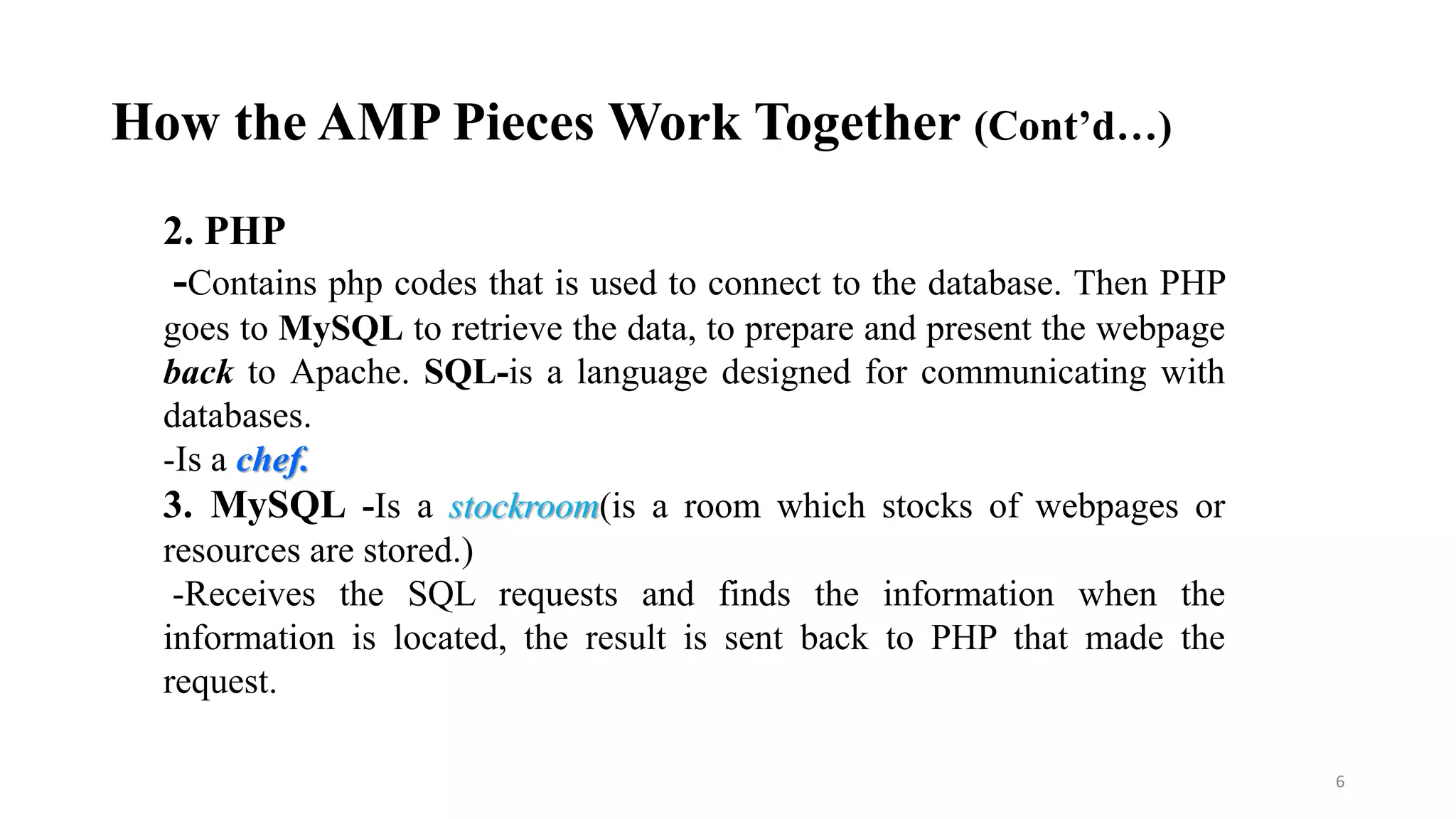 2. PHP
-Contains php codes that is used to connect to the database. Then PHP
goes to MySQL to retrieve the data, to prepare and present the webpage
back to Apache. SQL-is a language designed for communicating with
databases.
-Is a chef.
3. MySQL -Is a stockroom(is a room which stocks of webpages or
resources are stored.)
-Receives the SQL requests and finds the information when the
information is located, the result is sent back to PHP that made the
request.
6
How the AMP Pieces Work Together (Cont’d…)
 