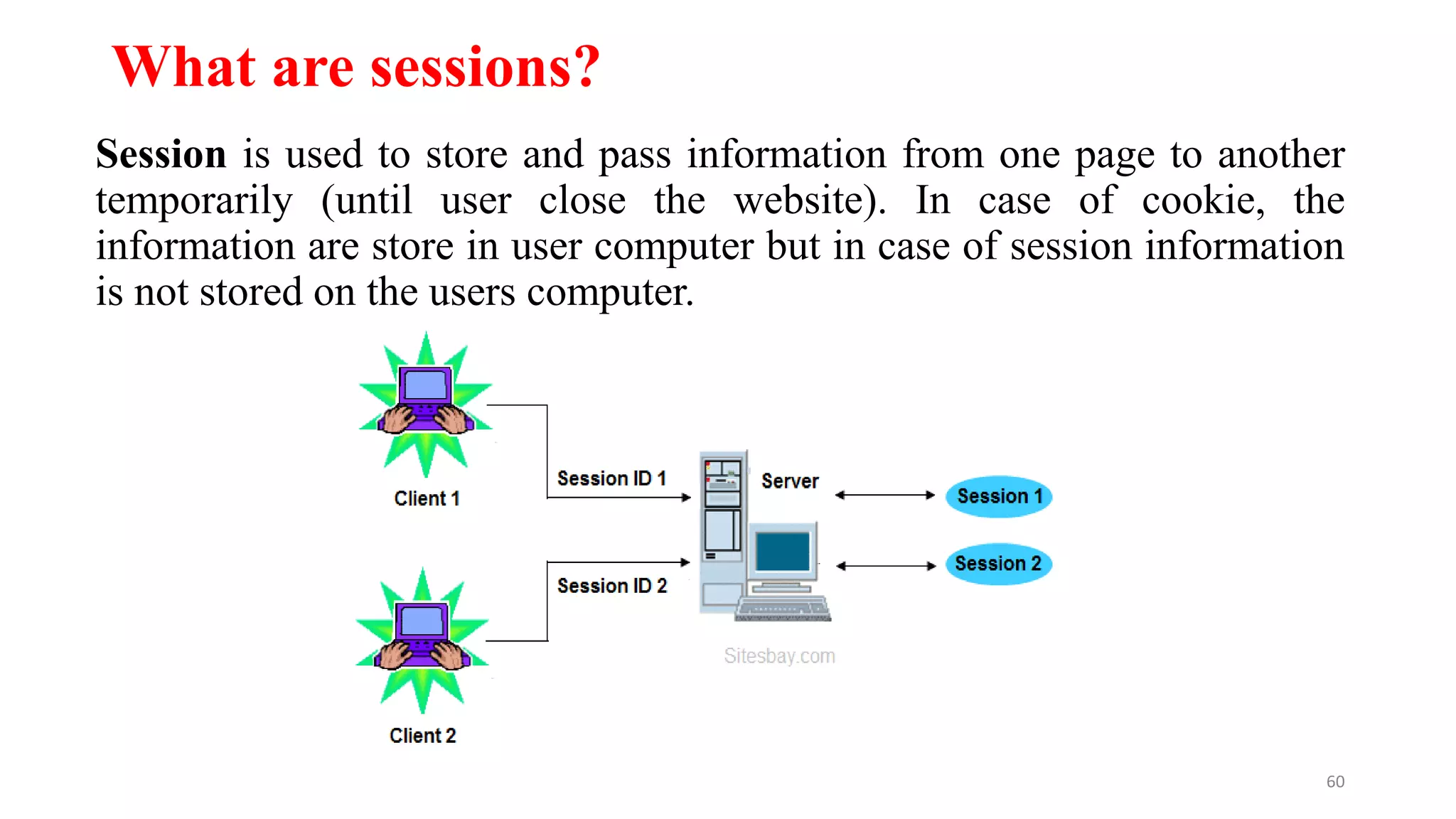 What are sessions?
Session is used to store and pass information from one page to another
temporarily (until user close the website). In case of cookie, the
information are store in user computer but in case of session information
is not stored on the users computer.
60
 