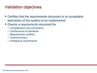Validation objectivesCertifies that the requirements document is an acceptable description of the system to be implementedChecks a requirements document forCompleteness and consistencyConformance to standardsRequirements conflictsTechnical errorsAmbiguous requirements
