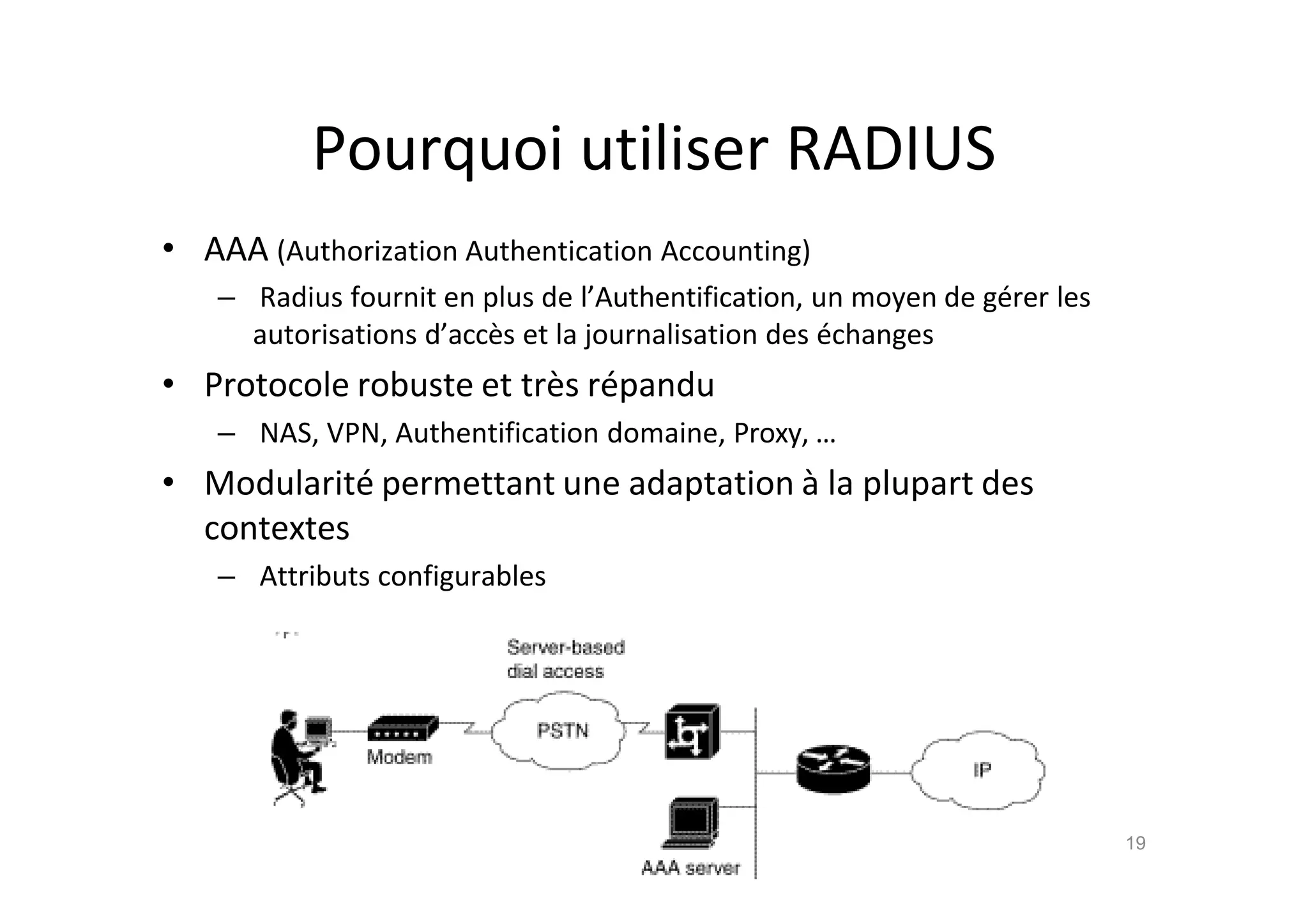 Pourquoi utiliser RADIUS
• AAA (Authorization Authentication Accounting)
– Radius fournit en plus de l’Authentification, un moyen de g€rer les
autorisations d’acc•s et la journalisation des €changes
• Protocole robuste et tr•s r€pandu
– NAS, VPN, Authentification domaine, Proxy, …
• Modularit€ permettant une adaptation ‚ la plupart des
contextes
– Attributs configurables
19
 
