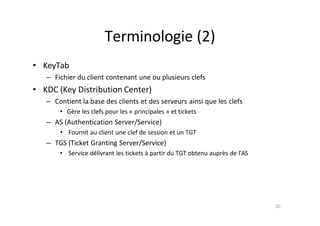Terminologie (2)
• KeyTab
– Fichier du client contenant une ou plusieurs clefs
• KDC (Key Distribution Center)
– Contient ...