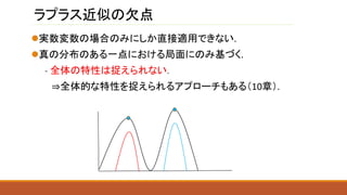 ラプラス近似の欠点
実数変数の場合のみにしか直接適用できない.
真の分布のある一点における局面にのみ基づく.
- 全体の特性は捉えられない.
⇒全体的な特性を捉えられるアプローチもある（10章）.
 