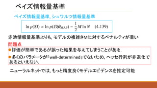 ベイズ情報量基準
ベイズ情報量基準, シュワルツ情報量基準
赤池情報量基準よりも, モデルの複雑さMに対するペナルティが重い
評価が簡単であるが誤った結果を与えてしまうことがある.
多くのパラメータが「well-determined」でないため, ヘッセ行列が非退化で
あるといえない.
問題点
ニューラルネットでは, もっと精度良くモデルエビデンスを推定可能
 