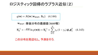 ロジスティック回帰のラプラス近似（２）
：事後分布の最頻値（MAP解）
この分布を周辺化し, 予測を行う.
 