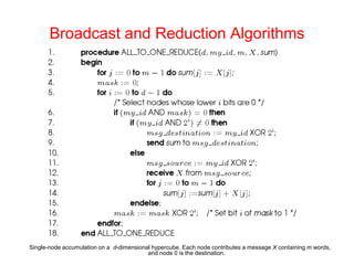 Broadcast and Reduction Algorithms
Single-node accumulation on a d-dimensional hypercube. Each node contributes a message X containing m words,
and node 0 is the destination.
 