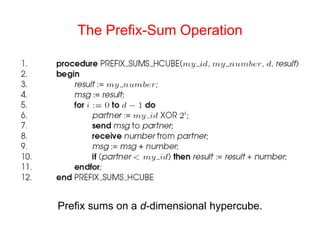 The Prefix-Sum Operation
Prefix sums on a d-dimensional hypercube.
 