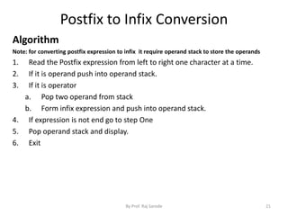 Postfix to Infix Conversion 
Algorithm 
Note: for converting postfix expression to infix it require operand stack to store the operands 
1. Read the Postfix expression from left to right one character at a time. 
2. If it is operand push into operand stack. 
3. If it is operator 
a. Pop two operand from stack 
b. Form infix expression and push into operand stack. 
4. If expression is not end go to step One 
5. Pop operand stack and display. 
6. Exit 
By Prof. Raj Sarode 21 
 