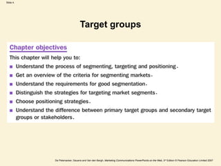 Slide 4.




                                Target groups



                                                                                                                 .
                                                                                            .
                                                                                       .
                                                                                                .
                                       .

                         .




           De Pelsmacker, Geuens and Van den Bergh, Marketing Communications PowerPoints on the Web, 3rd Edition © Pearson Education Limited 2007
 