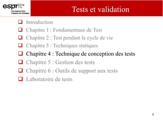 3
 Introduction
 Chapitre 1 : Fondamentaux de Test
 Chapitre 2 : Test pendant le cycle de vie
 Chapitre 3 : Techniques statiques
 Chapitre 4 : Technique de conception des tests
 Chapitre 5 : Gestion des tests
 Chapitre 6 : Outils de support aux tests
 Laboratoire de tests
Tests et validation
 