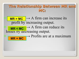 The Relationship Between MR and MC: ->  A firm can increase its  profit by increasing output. ->  A firm can reduce its  losses by decreasing output. ->  Profits are at a maximum MR > MC MR < MC MR = MC 
