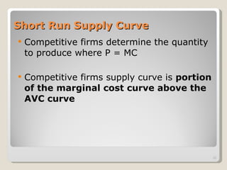 Short Run Supply Curve Competitive firms determine the quantity to produce where P = MC Competitive firms supply curve is  portion of the marginal cost curve above the AVC curve 