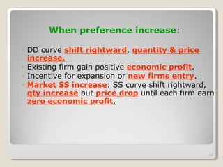 When preference increase : DD curve  shift rightward ,  quantity & price   increase. Existing firm gain positive  economic profit . Incentive for expansion or  new firms entry . Market SS increase : SS curve shift rightward,  qty increase  but  price drop  until each firm earn  zero economic profit . 