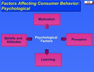 Factors Affecting Consumer Behavior: Psychological Psychological   Factors Motivation P erception Learning Beliefs and  Attitudes 