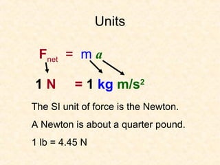Units

 Fnet = m a

1N        = 1 kg m/s2
The SI unit of force is the Newton.
A Newton is about a quarter pound.
1 lb = 4.45 N
 